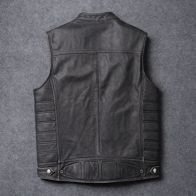 Black Four Seasons Leather Vest Men Vintage Style Plus Size 4XL Genuine Natural Cowhide Stand Collar Rivets Vest