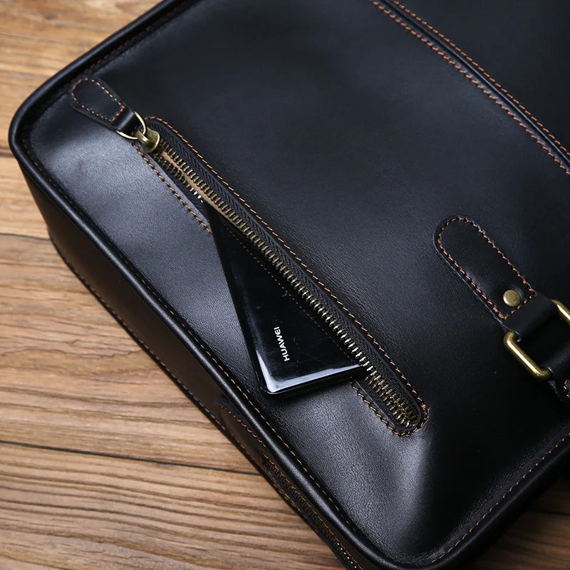 NZPJ Men's Briefcase Leather Handbag Retro Top Layer Cowhide Laptop Bag Crazy Horse Leather Shoulder Messenger Bag Luxury Bag