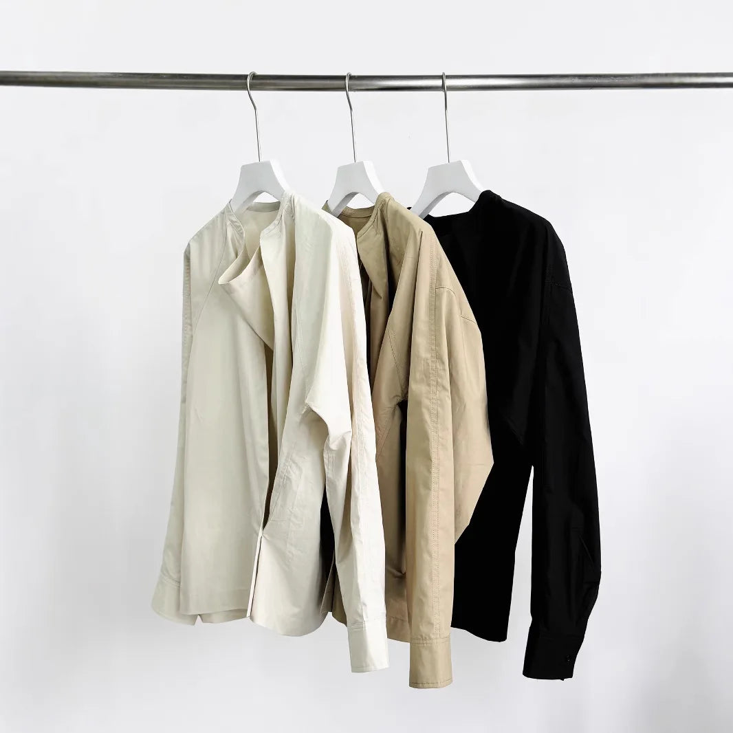 Asymmetric Button Side Split Long Sleeve Women's Shirt Le Home New Color Design Casual Commute Style Cotton British Style