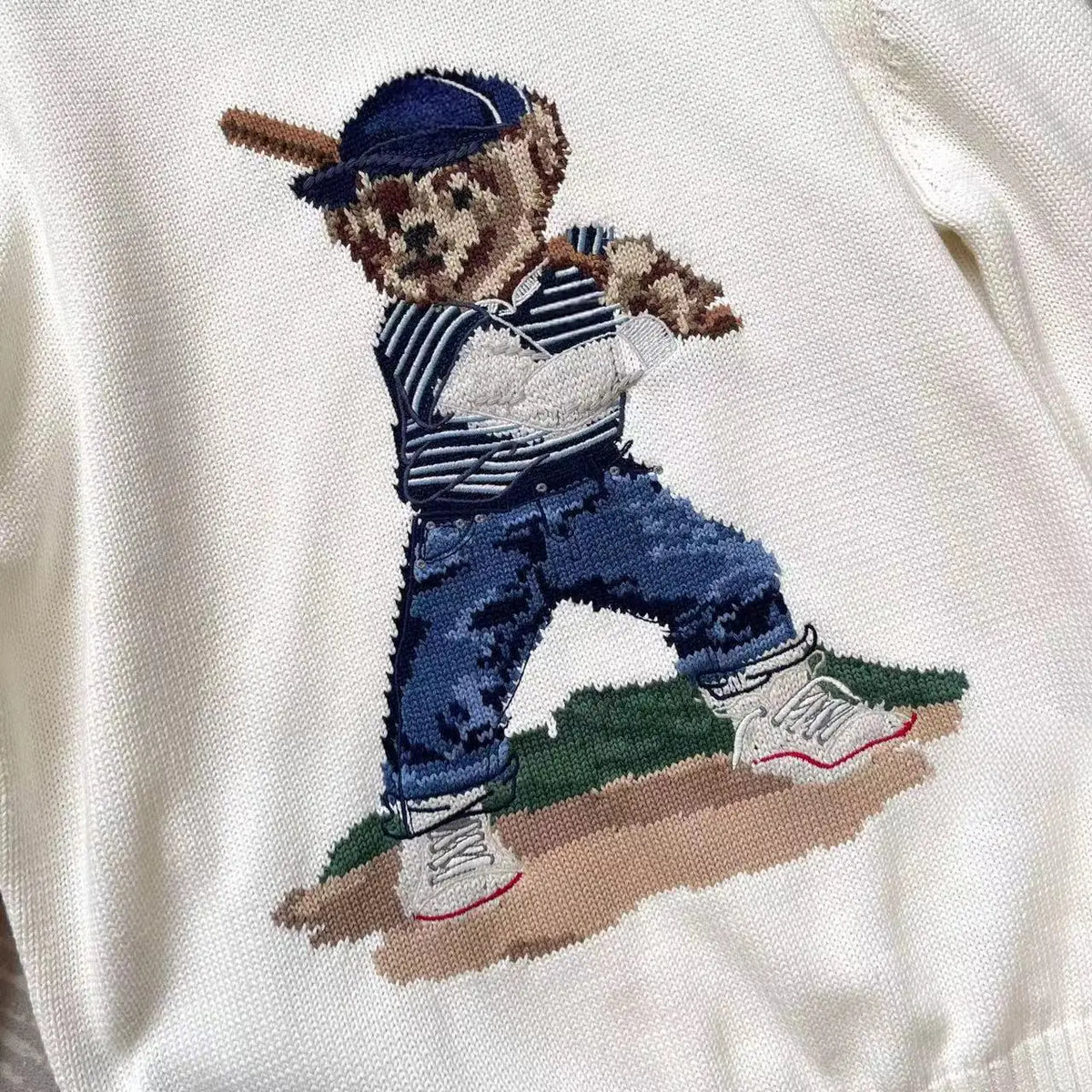 Yankees Baseball Bear Sweater Thick Knitted Cotton Linen Blend Long Sleeve round Neck Embroidered 3D Cartoon Casual Style