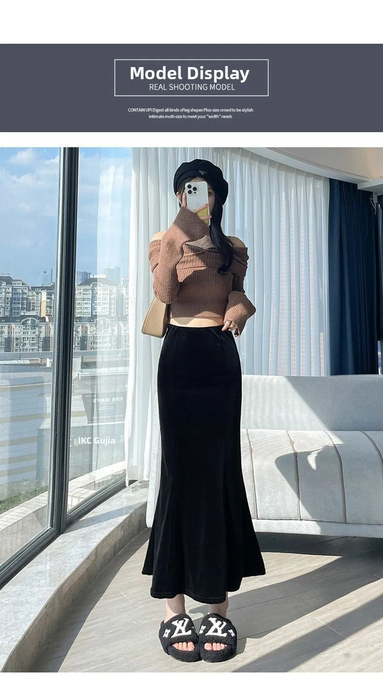 Elegant Long Velvet Skirt Women's High Waist Slim Fit Fish Tail Hem Draping Slimming Full Length Half Body Skirt