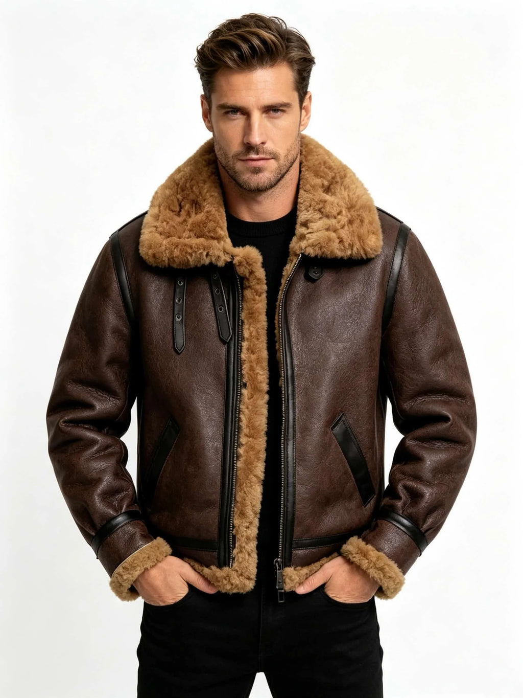 Brown Winter Shearling Jacket Men Retro Style Plus Size 5XL Genuine Natural Sheepskin Turn-Down Collar Thick Warm B3 Flight Coat