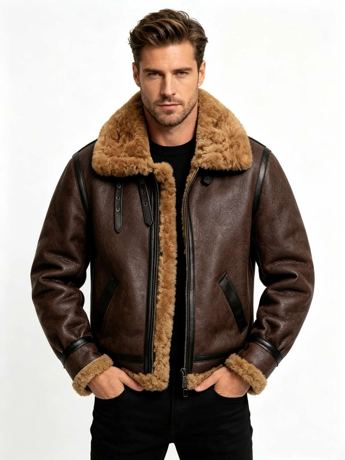 Brown Winter Shearling Jacket Men Retro Style Plus Size 5XL Genuine Natural Sheepskin Turn-Down Collar Thick Warm B3 Flight Coat