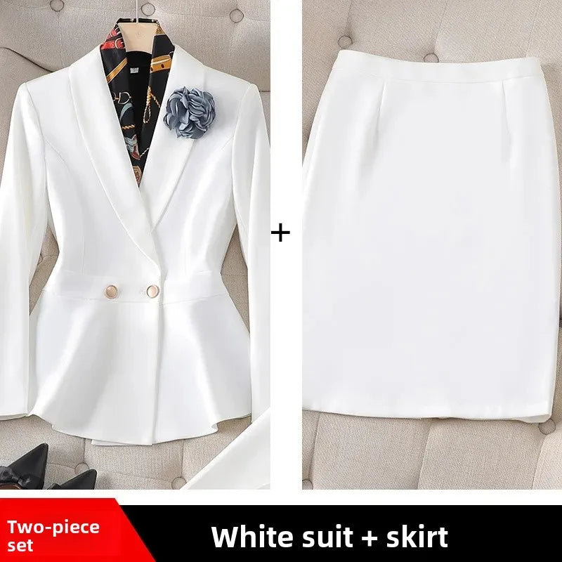 Professional Women's White Slim Fit Workwear Set Fashionable Commute Suit Knee-Length Polyester Fiber Midi Skirt