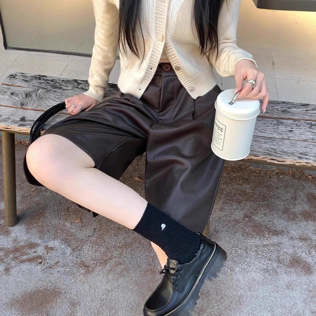 High Waist Loose Casual PU Leather Short Boot Pants Women's Autumn Winter A-Line Five-Quarter Pants Small Size Wide Leg Pants
