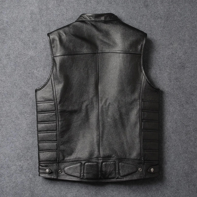 Black Four Seasons Leather Vest Men Vintage Style Plus Size 4XL Genuine Natural Cowhide Stand Collar Rivets Vest