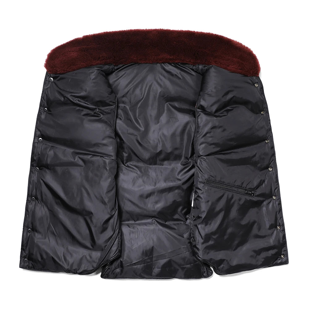 Genuine Natural Sheepskin Stand Collar Single Breasted Spliced Vest Black Winter Down Vest Men Casual Style Plus Size 5XL