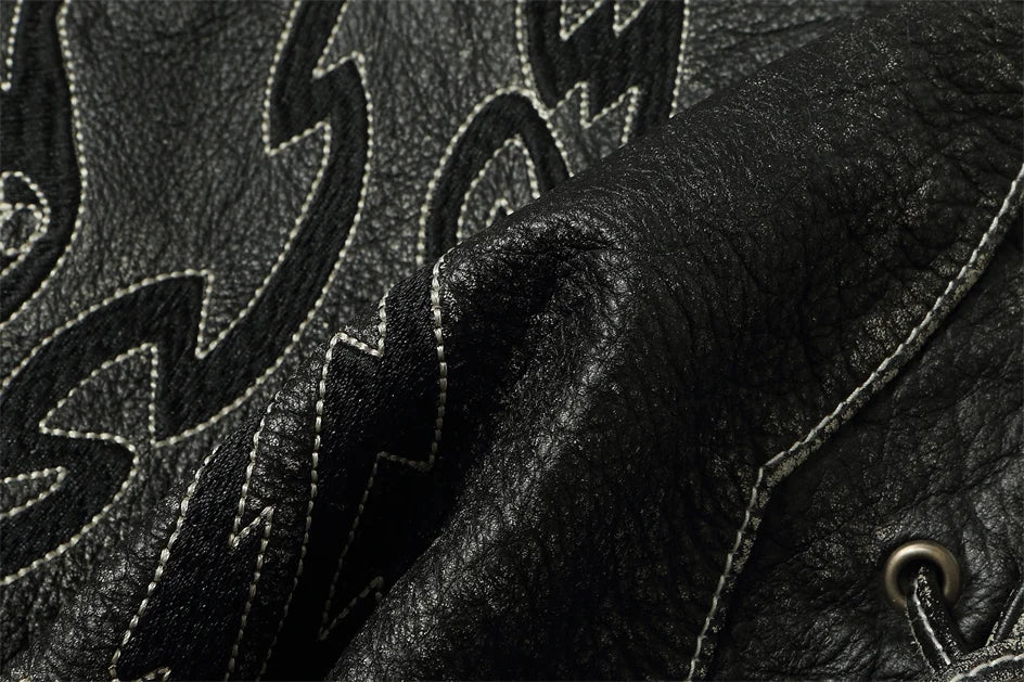 Black Spring Leather Vest Men Skull Embroidery Retro Style Plus Size 5XL Genuine Natural Cowhide Single Breasted Sleeveless Coat