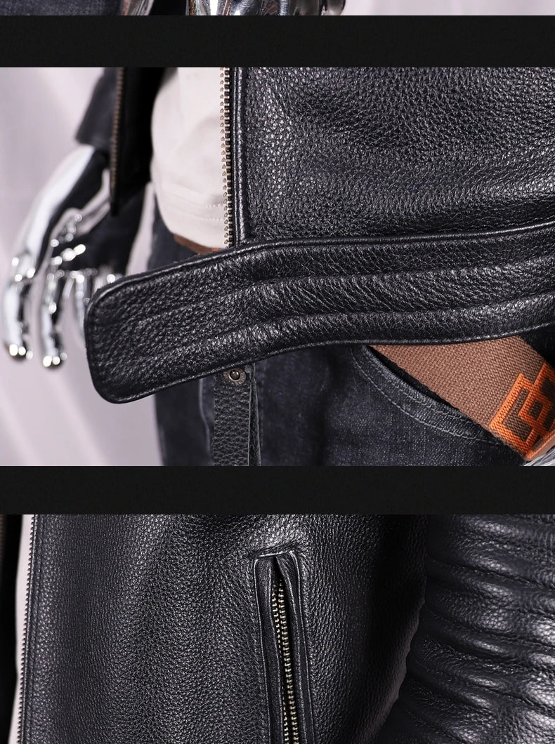 Black Autumn Leather Jacket Men Sports Style Plus Size 5XL Genuine Natural Cowhide Stand Collar Slim Fit Short Coat