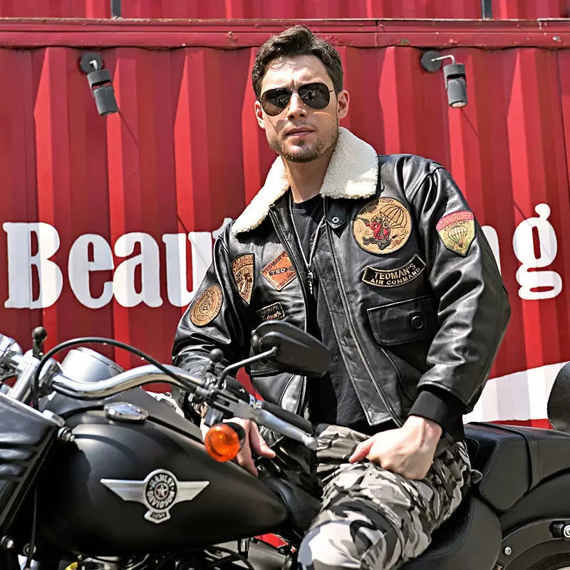 Black Winter Leather Jacket Men Retro Style Europe Size Genuine Natural Thick Sheepskin Turn-Down Collar Military G1 Flight Coat