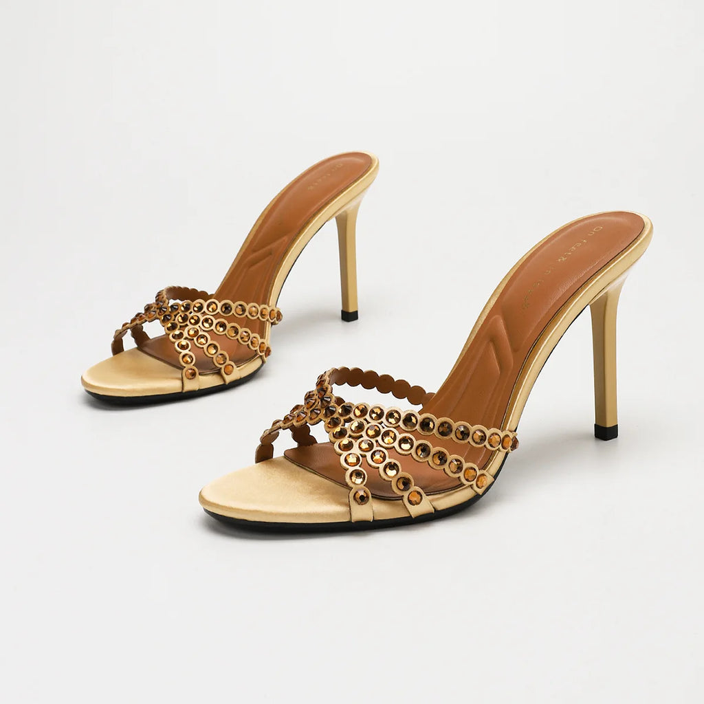 Fashionable Diamond Strap High Heels Sandals Women's Summer Party Shoes Fine Heel Versatile Elegant Ladies' Slip-On Slippers