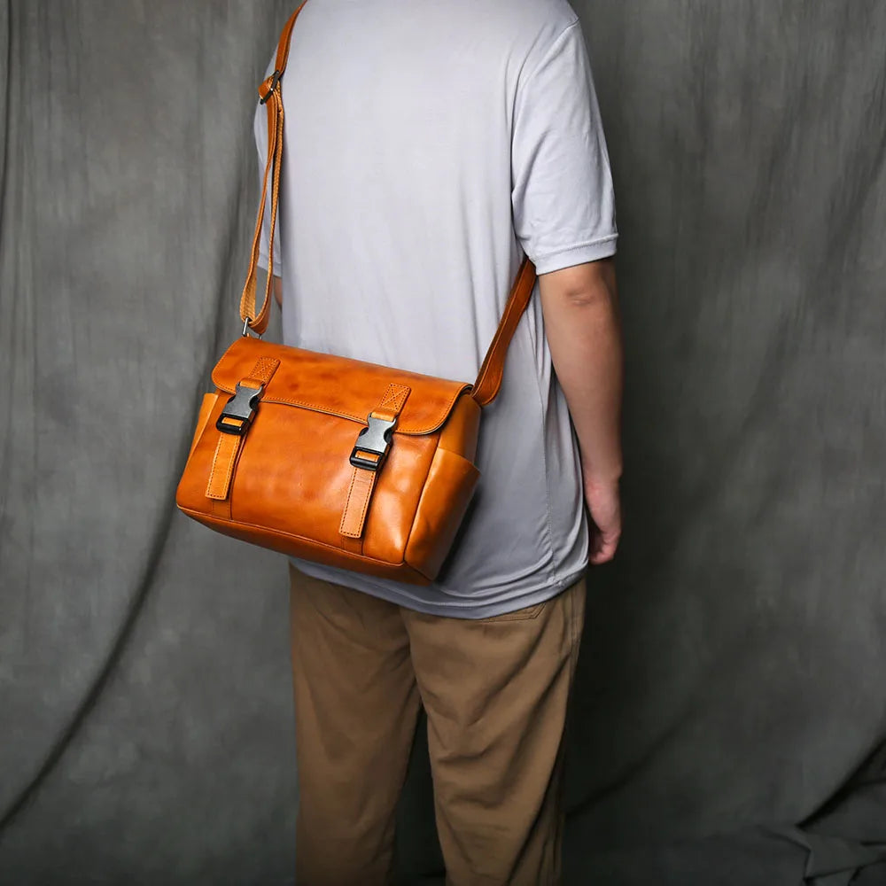NZPJ Men's Vintage Genuine Leather Shoulder Bag Top Layer Cowhide Crossbody Bag Casual Men's Bag For 10-Inch IPad