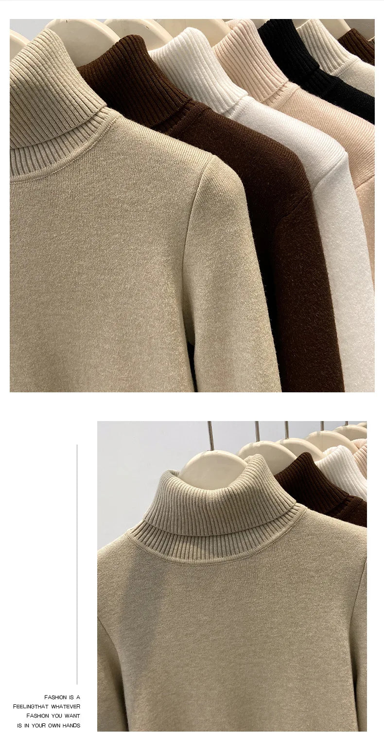 Thickened High Collar One-Piece Fleece Knitted Sweater Women Winter Slim Fit Inner Wear Fashionable Basic Style Base Shirt