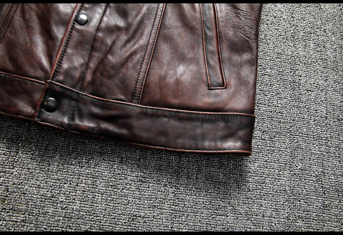 Red Brown Spring Leather Vest Men Retro Style Plus Size 6XL Genuine Natural Cowhide O-Neck Collar Slim Fit Short Sleeveless Coat