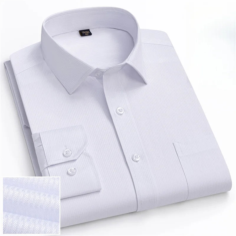 Men Formal Shirt Long Sleeve Office Solid Color Striped Fashion Business Pocket White Social Shirt Men's Clothing 5XL 6XL