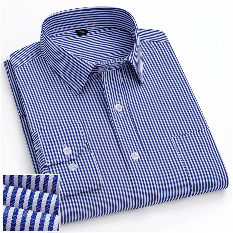 Men Formal Shirt Long Sleeve Office Solid Color Striped Fashion Business Pocket White Social Shirt Men's Clothing 5XL 6XL