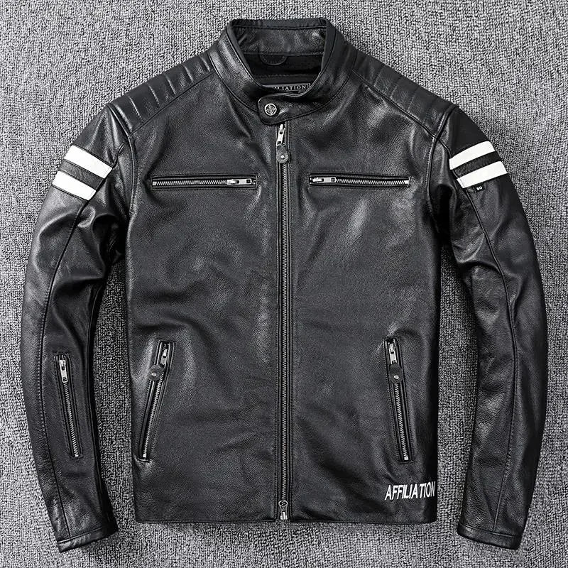 Blue Spring Leather Jacket Men Sports Style Plus Size 3XL Genuine Natural Cowhide Stand Collar Slim Fit Leather Coat