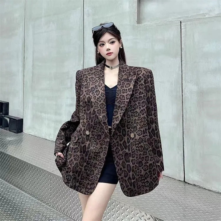 Ladies' Long Sleeve Leopard Print Suit Jacket Hepburn Style Casual Leisure Fashionable Mid-Length Coat Elegant Commute