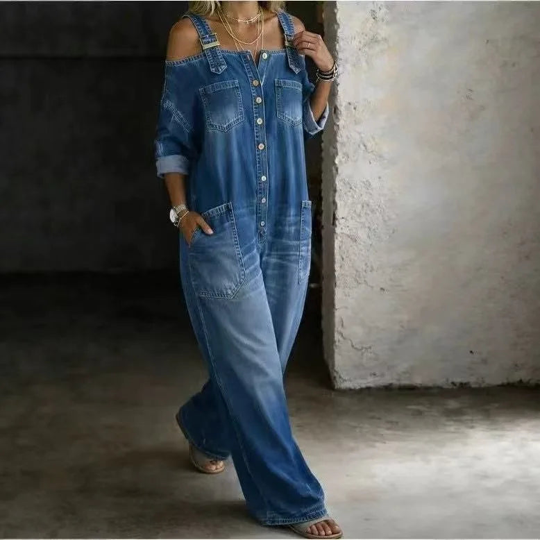 Sexy Fashion Shoulder Bared Denim Overalls with Pockets Wide Leg Street Style Loose Waist Cotton Blend Polyester Blend