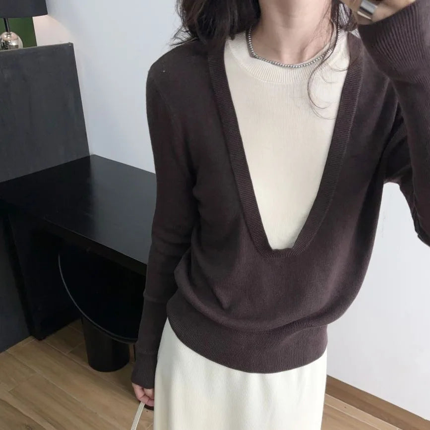 Andy Velvet Washed Large U-Neck Layered Slim Fit Knitwear Design Sensation Color Block Autumn Winter Top Polo Collar Sleeveless