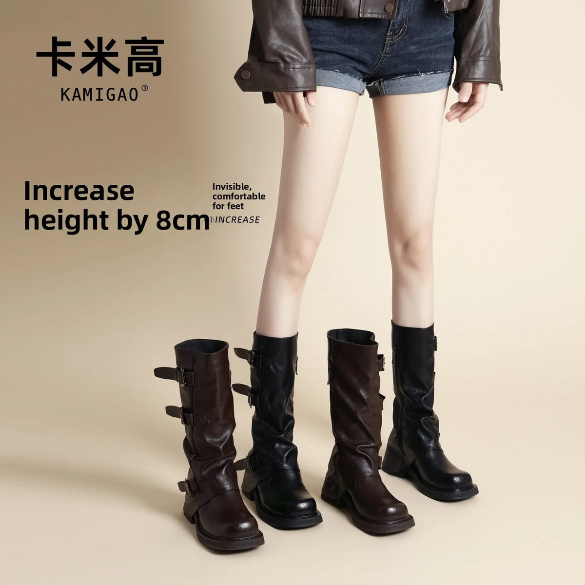 Women's Knight Long Boots 8cm Heightening Thick Bottom Belt Buckle High Tube Motorcycle Boots Autumn New Style Retro round Toe