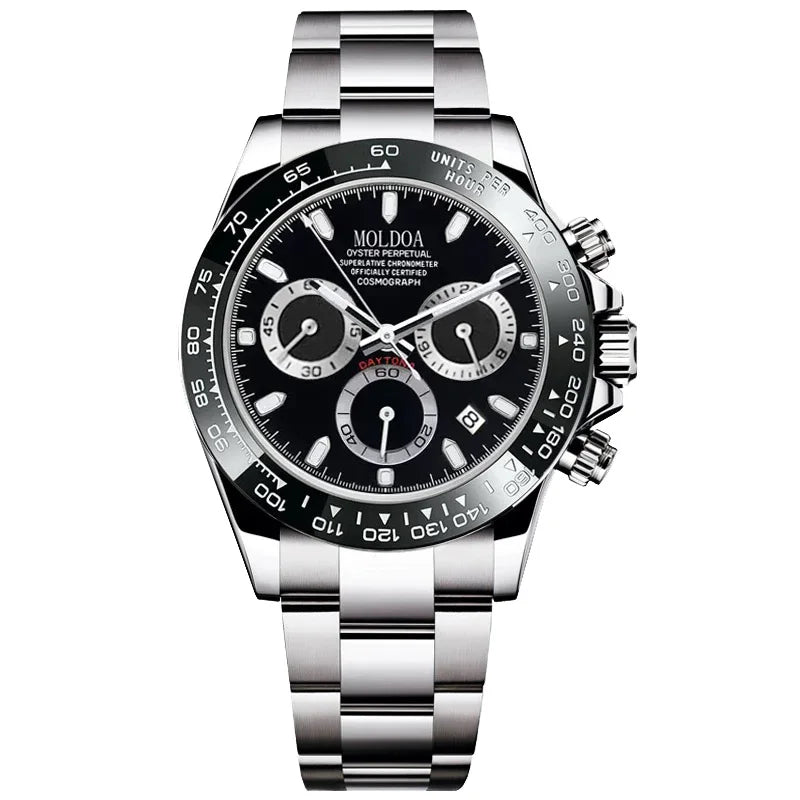 A Men's Silver Steel Strap Trendy Business Trinocular Multi-Function Graduated Quartz Watch