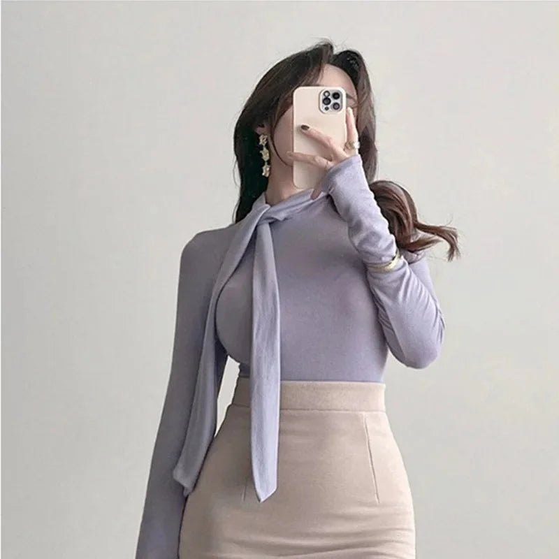 Korean Style Women's Long Sleeve T-Shirt Bow Design Halter Neck Slim Fit Comfortable Base Shirt Cotton Spring Summer Top