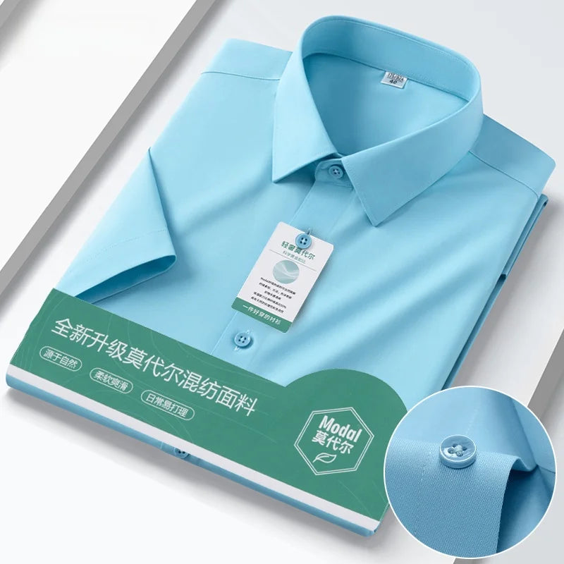 Iron-Free Ice Silk Modal Men's Business Style Slim Fit Short Sleeve Shirt Pure Color Breathable Comfortable Office Work Shirt