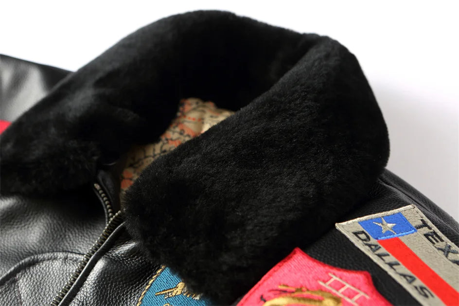 Black Winter Leather Jacket Men Retro Style Europe Size Genuine Natural Thick Cowhide Turn-Down Collar G1 Flight Coat
