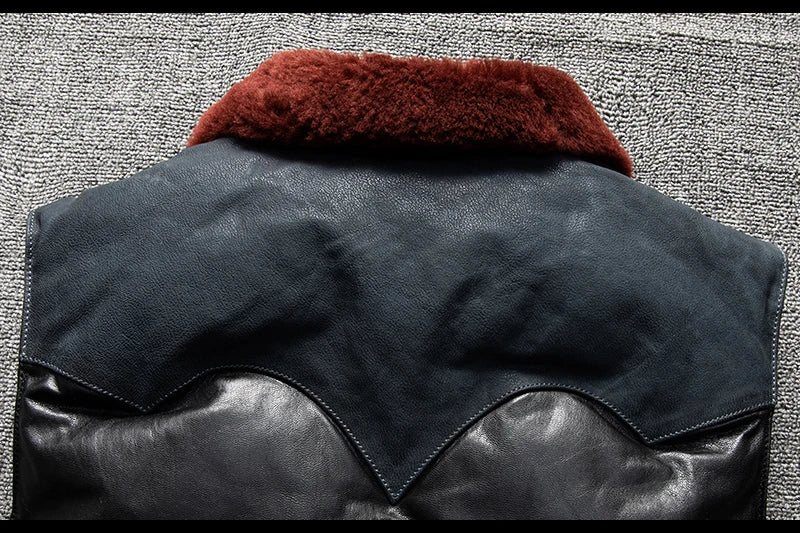 Black Blue Winter Vest Men Retro Style Plus Size 5XL Genuine Natural Sheepskin Wool Collar Single Breasted Spliced Down Vest