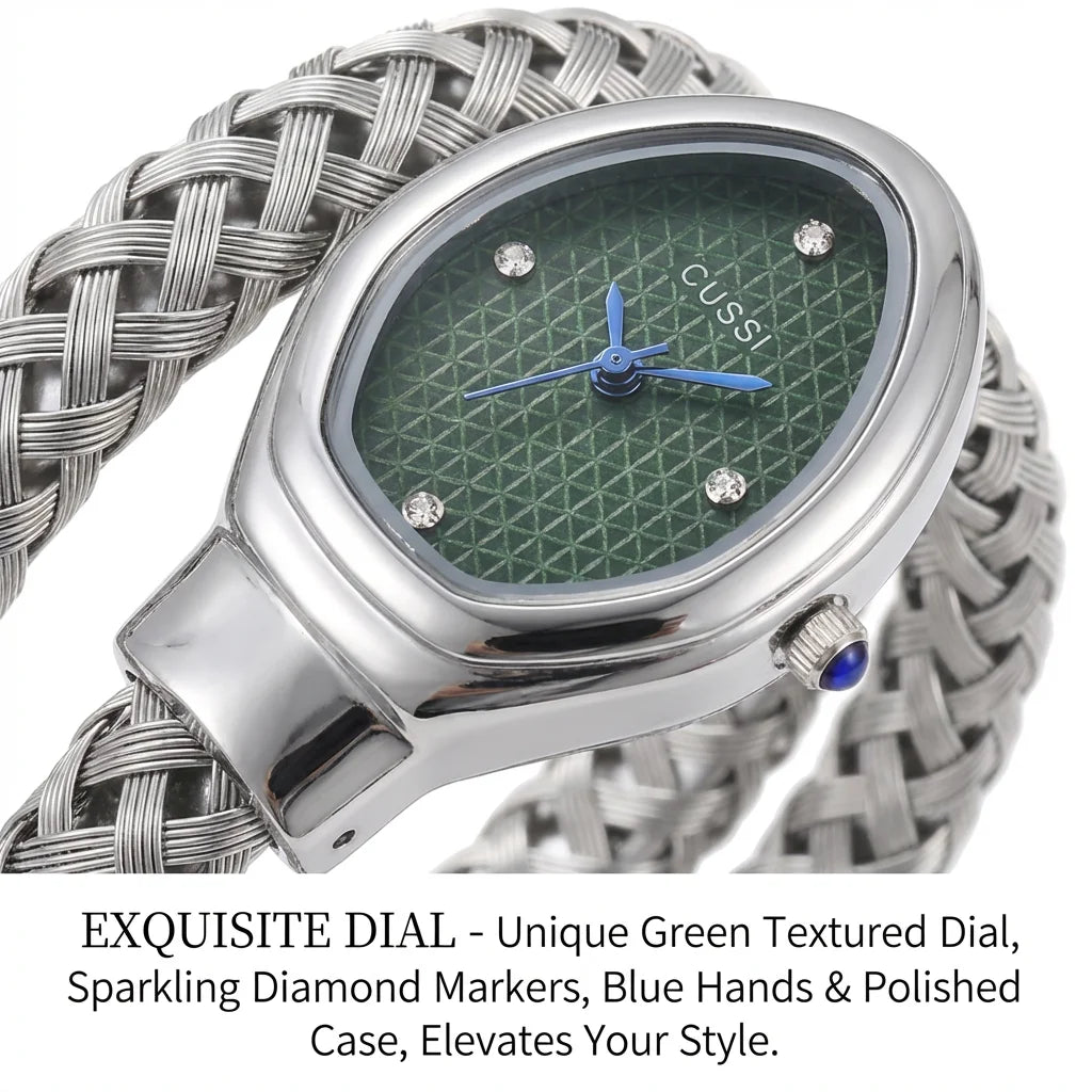4pc Ladies Silver Woven Stainless Steel Elegant Rhinestone Green Dial Watch & Bracelet Gift Set for Daily Use, Gifting