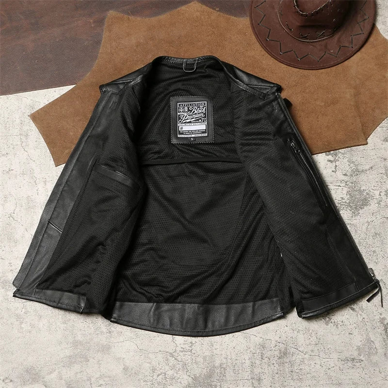 Men's Black Leather Motorcycle Vest Genuine Cowhide Biker Sleeveless Jacket Zip Front Side Lace-Up Multi-Pocket Club Style