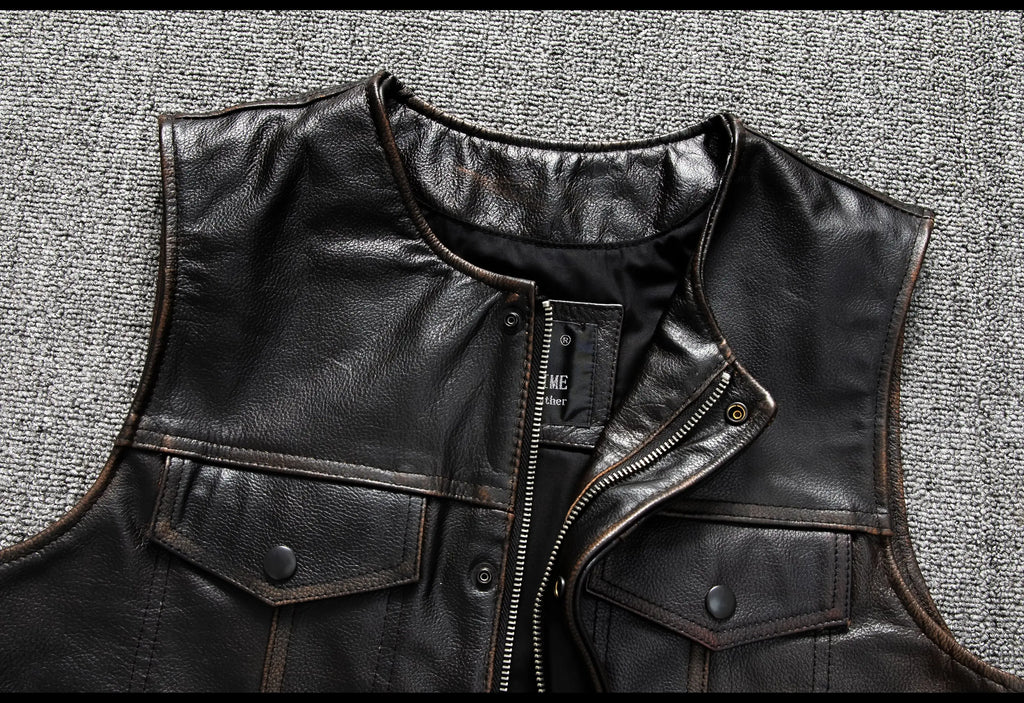 Red Brown Spring Leather Vest Men Retro Style Plus Size 6XL Genuine Natural Cowhide O-Neck Collar Slim Fit Short Sleeveless Coat