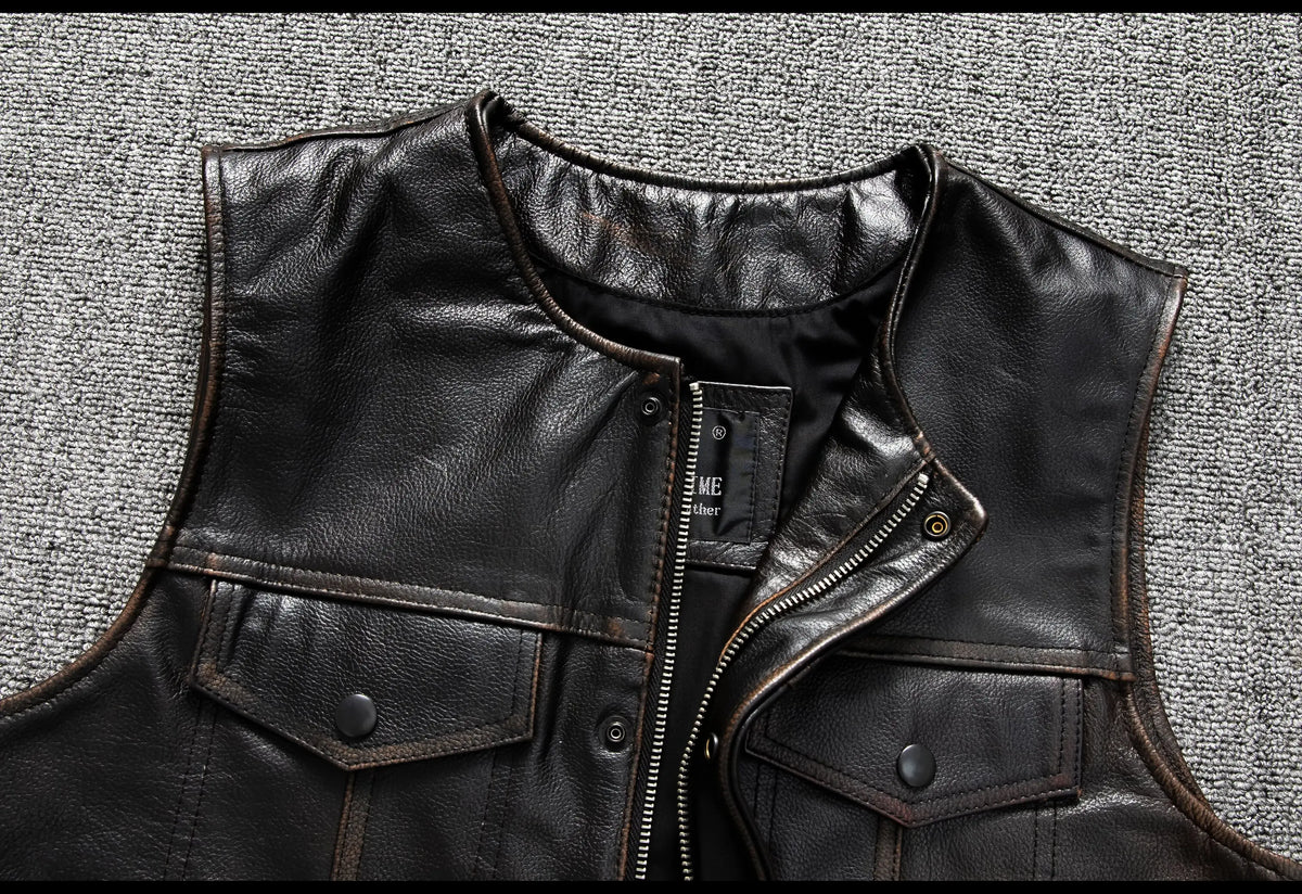 Red Brown Spring Leather Vest Men Retro Style Plus Size 6XL Genuine Natural Cowhide O-Neck Collar Slim Fit Short Sleeveless Coat