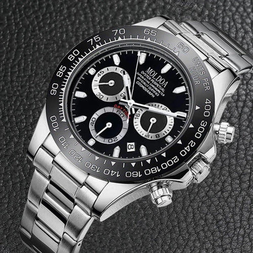 A Men's Silver Steel Strap Trendy Business Trinocular Multi-Function Graduated Quartz Watch