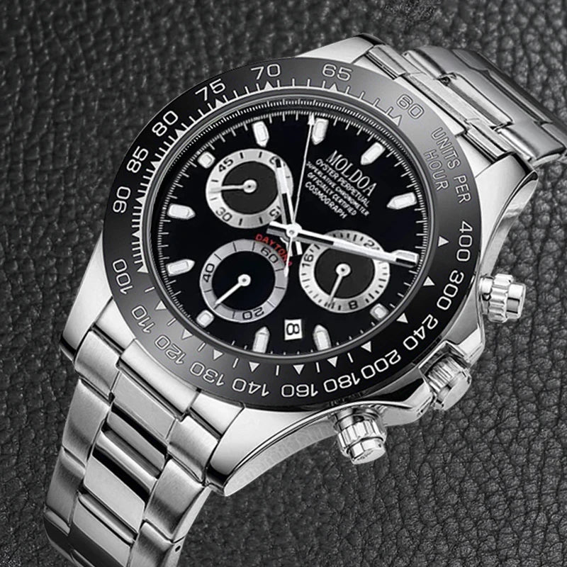 A Men's Silver Steel Strap Trendy Business Trinocular Multi-Function Graduated Quartz Watch