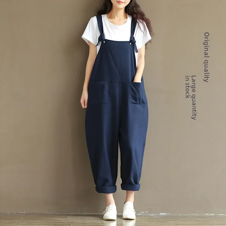 Artistic Vintage Deep Blues Cotton Strap Casual Trousers Women's 1701 European American Style