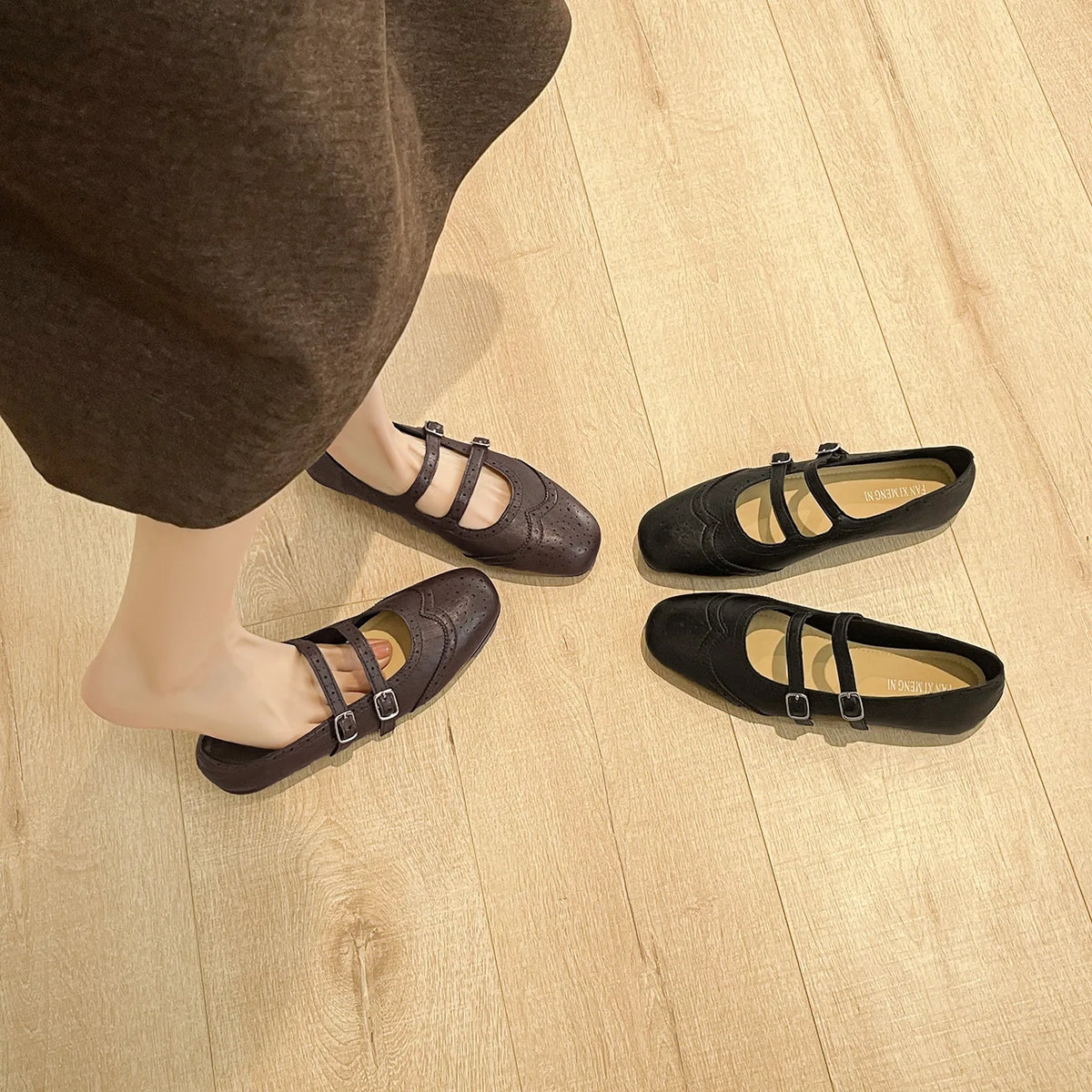 French Style Double Buckle Mary Jane Shoes Women's plus Size Flat Bottom Leather Version Beautiful Carving Spring Summer Autumn