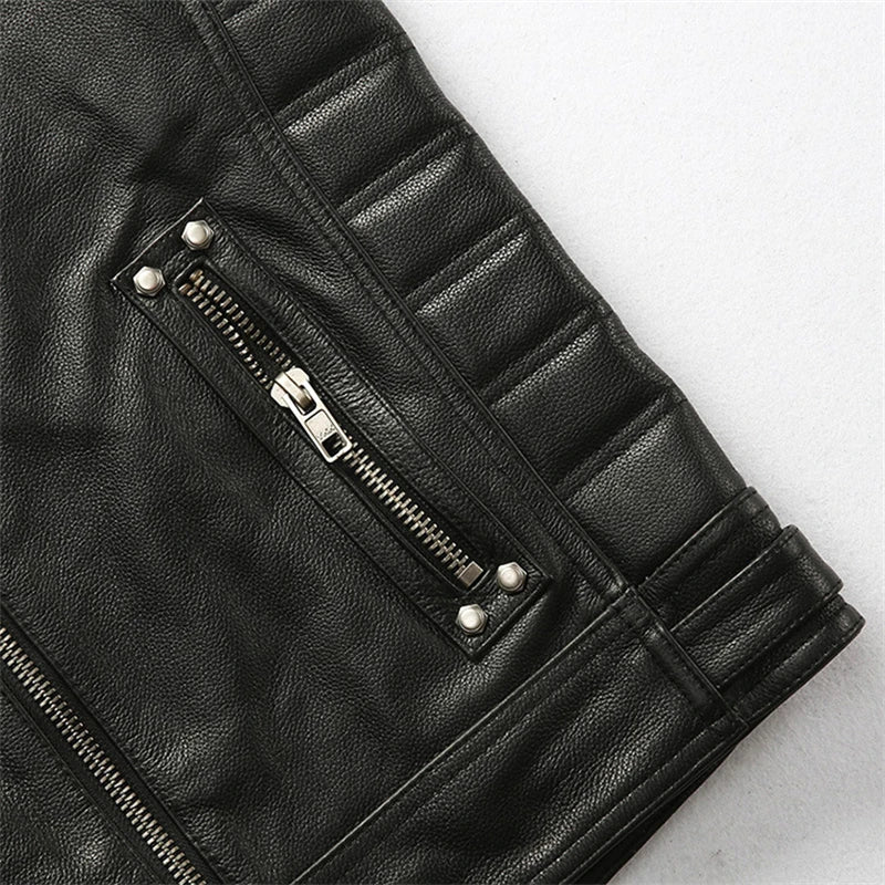 Red Brown Spring Leather Vest Men Retro Style Plus Size 4XL Genuine Natural Cowhide Stand Collar Motorcycle Sports Rivets Vest
