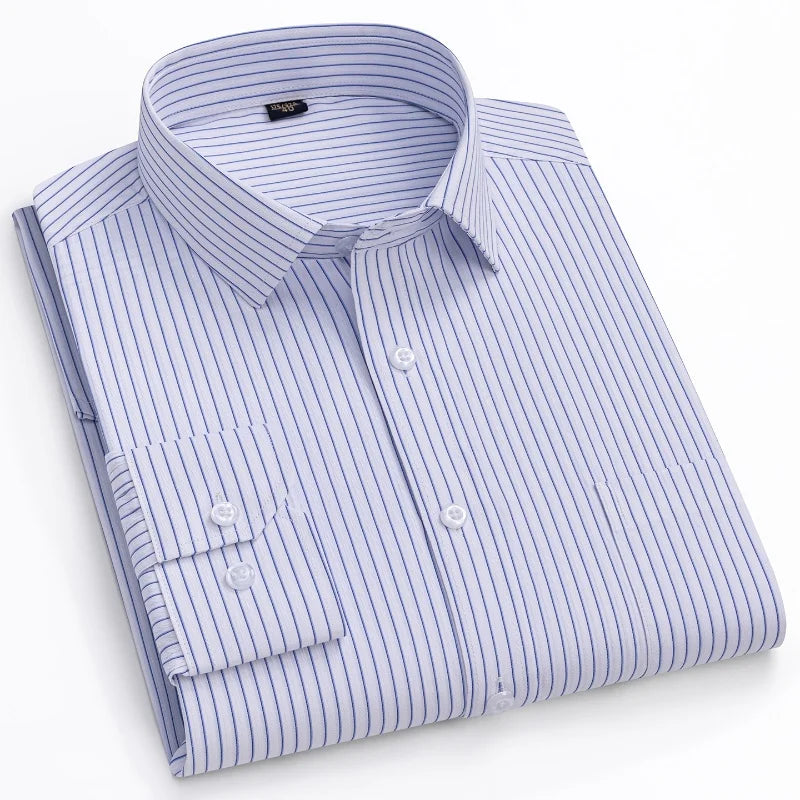 Men Formal Shirt Long Sleeve Office Solid Color Striped Fashion Business Pocket White Social Shirt Men's Clothing 5XL 6XL
