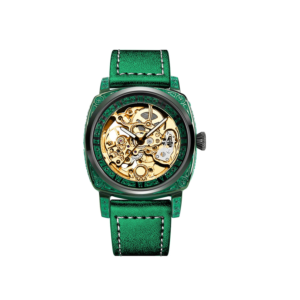 New Men's Watch with Gold Green Belt, Retro Style, Noble and Elegant Night Light Carving, Fully Automatic Mechanical Watch