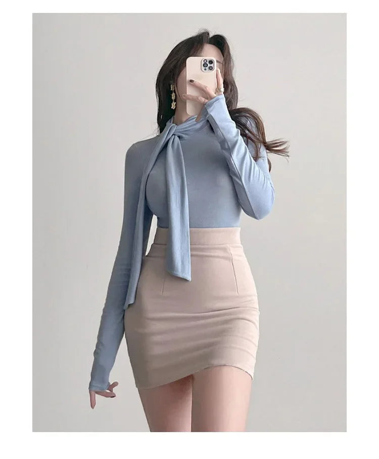 Korean Style Women's Long Sleeve T-Shirt Bow Design Halter Neck Slim Fit Comfortable Base Shirt Cotton Spring Summer Top
