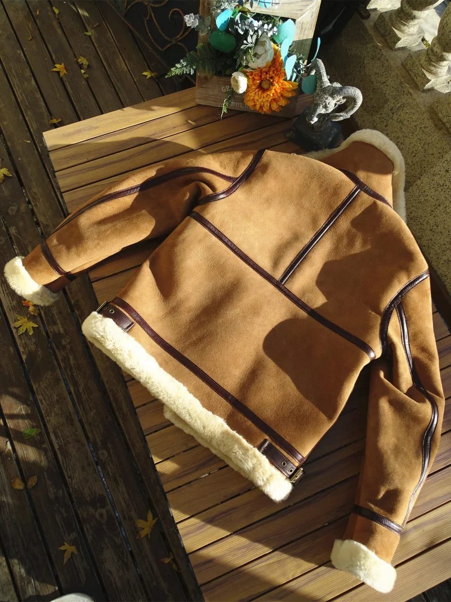 Light Brown Winter Shearling Jacket Men Retro Style Plus Size 4XL Genuine Natural Thick Sheepskin Warm Leather Coat