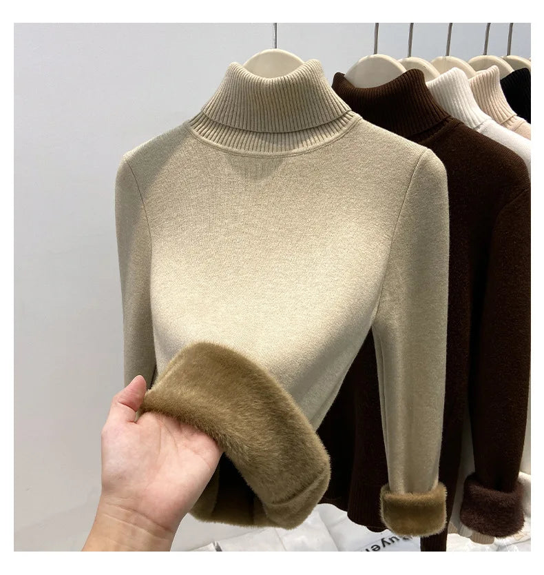 Thickened High Collar One-Piece Fleece Knitted Sweater Women Winter Slim Fit Inner Wear Fashionable Basic Style Base Shirt