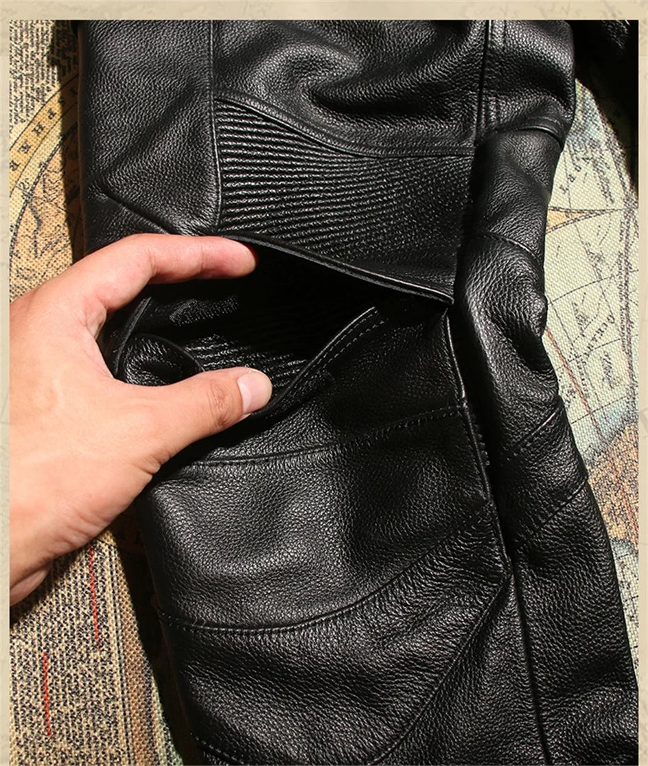 Retro Black Winter Leather Trousers Men Vintage Style Genuine Natural Cowhide Can Add Motorcycle Protection Device Leather Pants
