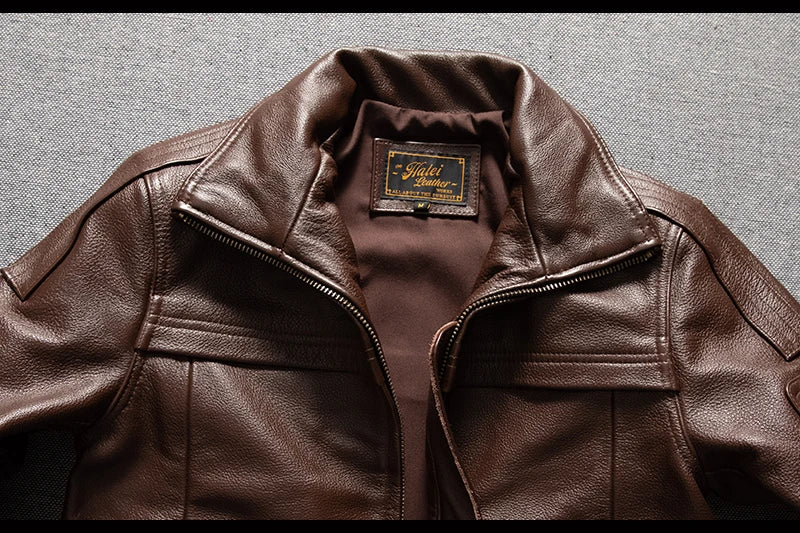 Men's Brown Leather Jacket  Vintage Flight Jacket with Stand Collar, Military Style, Front Zipper, Sleeve Pocket, Ribbed Hem