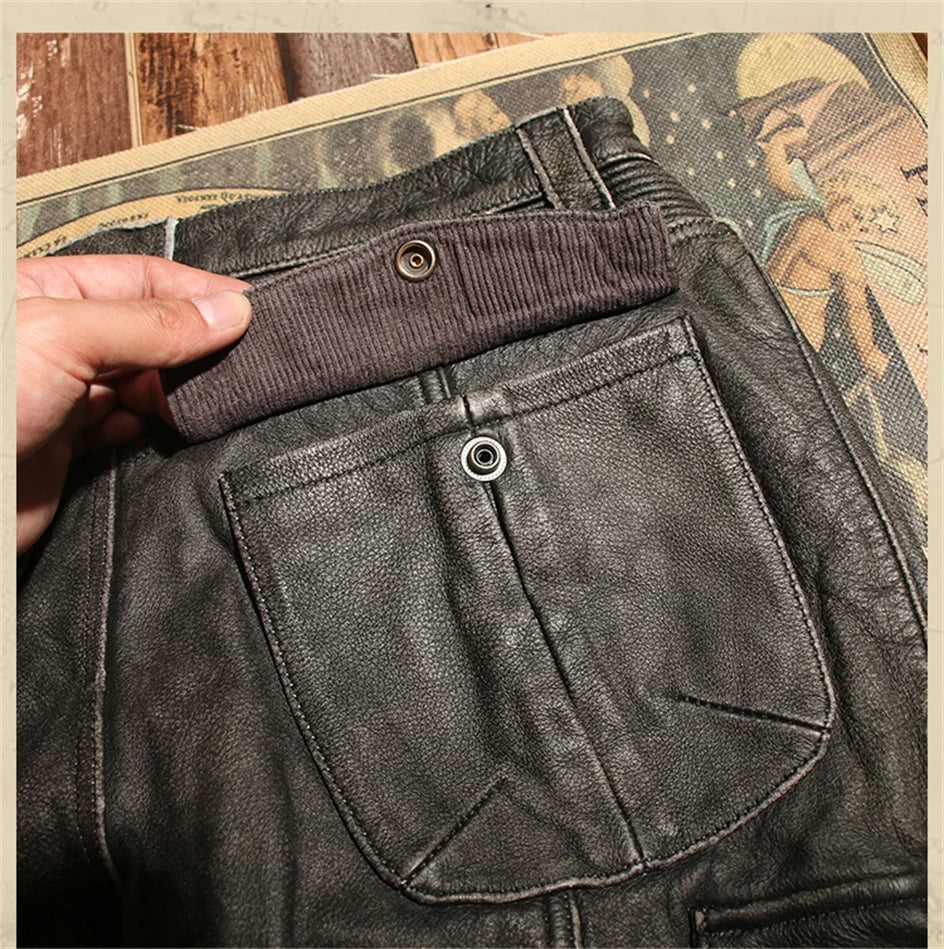 Retro Black Winter Leather Trousers Men Vintage Style Genuine Natural Cowhide Can Add Motorcycle Protection Device Leather Pants