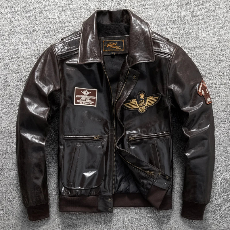 Men's Genuine Leather Military Flight Jacket | Real Leather Embroidered Patches G-1 Bomber Pilot High-Gloss Oil-Wax Brown