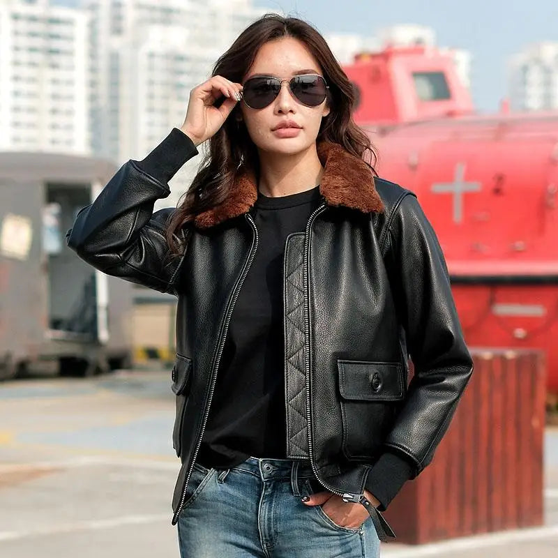 Dark Brown G1 Pilot Leather Jacket Women Military Style Plus Size 3XL Genuine Natural Cowhide Wool Collar Flight Leather Coat