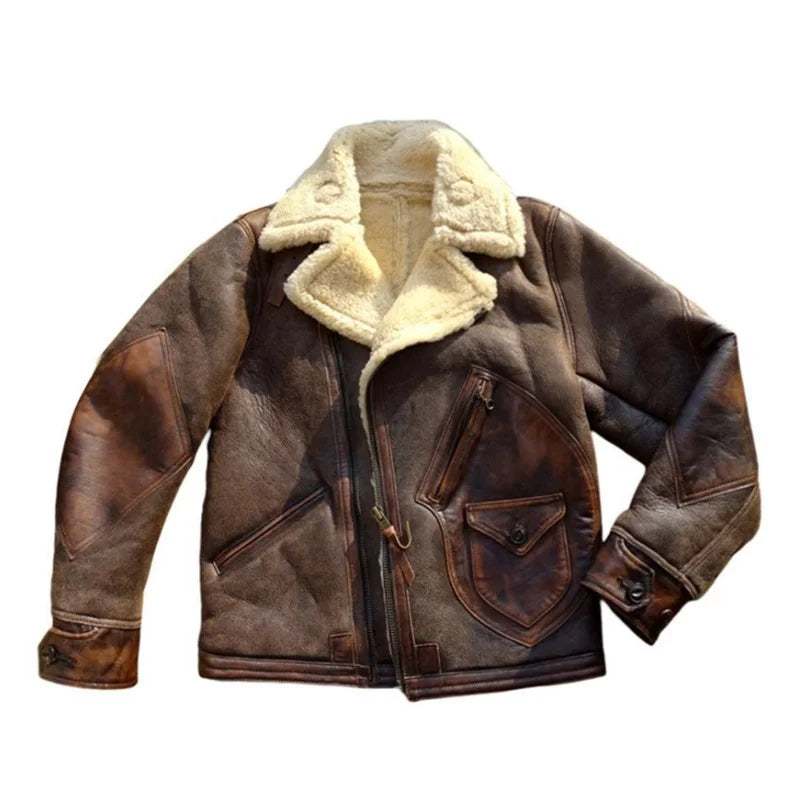 Dark Brown Winter Shearling Jacket Men Retro Style Plus Size 3XL Genuine Natural Thick Sheepskin Warm Diagonal Zipper Coat